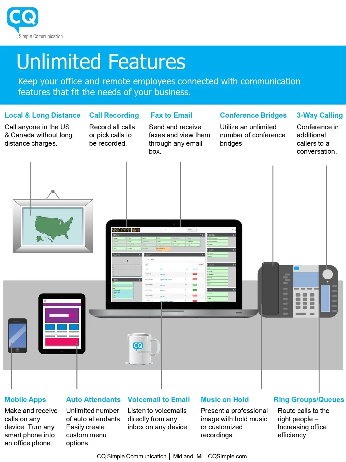 Flyer showcasing business communication features with devices and interface illustrations.