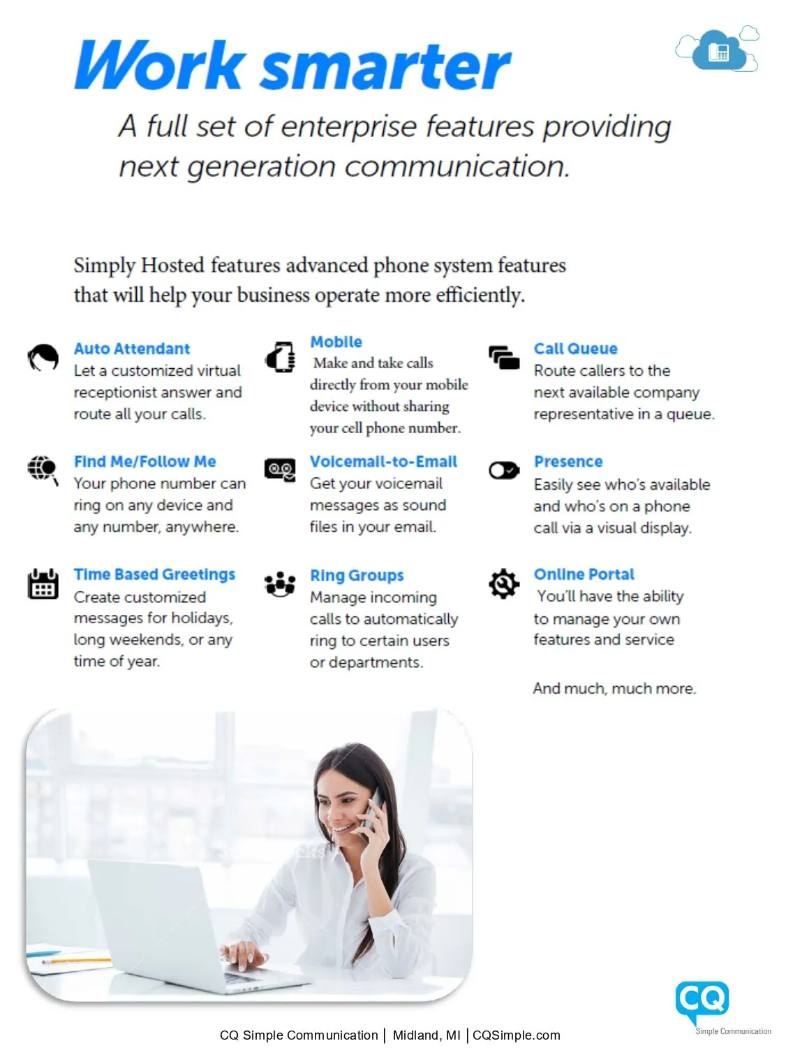 Poster with the headline "Work smarter" showcasing enterprise communication features; a woman uses her phone.