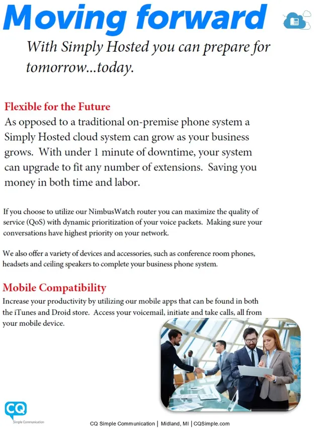 Advertisement for "Simply Hosted" cloud system with benefits: flexibility, mobile compatibility.