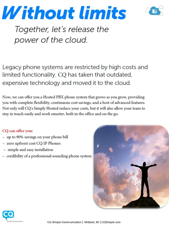 Advertisement for cloud phone services with text "Without limits," and a silhouette of a person on a mountain.