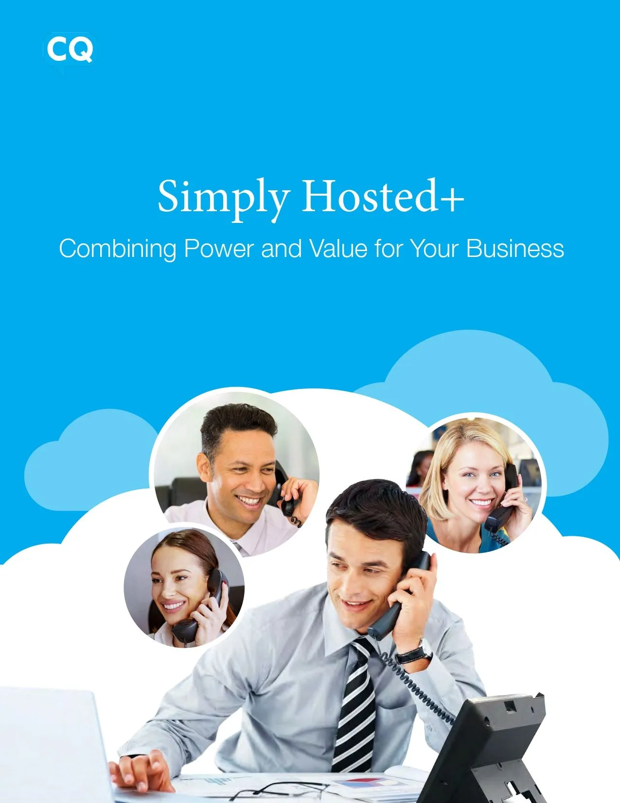 Cover for Simply Hosted+ phone service. Smiling business people on phones, blue background with clouds.