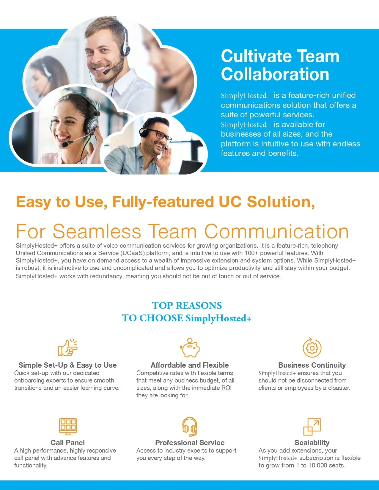 Poster promoting team communication solutions, featuring people with headsets, blue and yellow text.