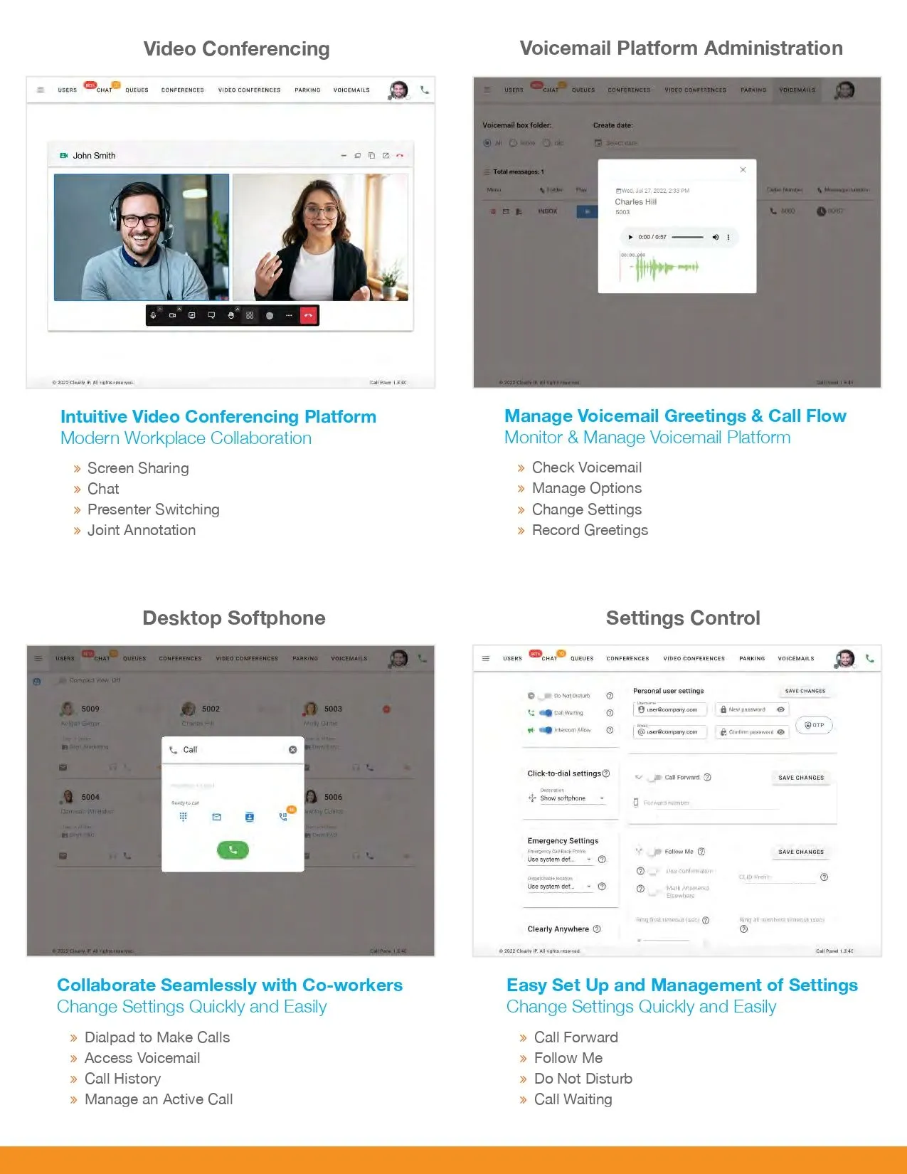 Screenshots of a video conferencing platform, administration, desktop software, and settings control interface.