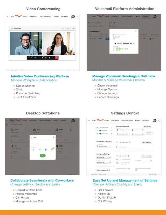 Screenshots of a video conferencing platform, administration, desktop software, and settings control interface.
