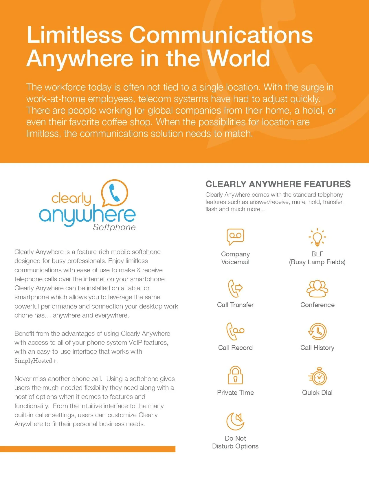 Orange ad for "Clearly Anywhere" software: global communication with icons.