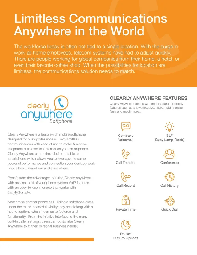 Orange ad for "Clearly Anywhere" software: global communication with icons.