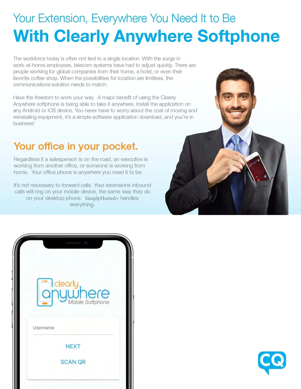 Man in suit holds phone from pocket, ad for "Clearly Anywhere Softphone" with app screen.