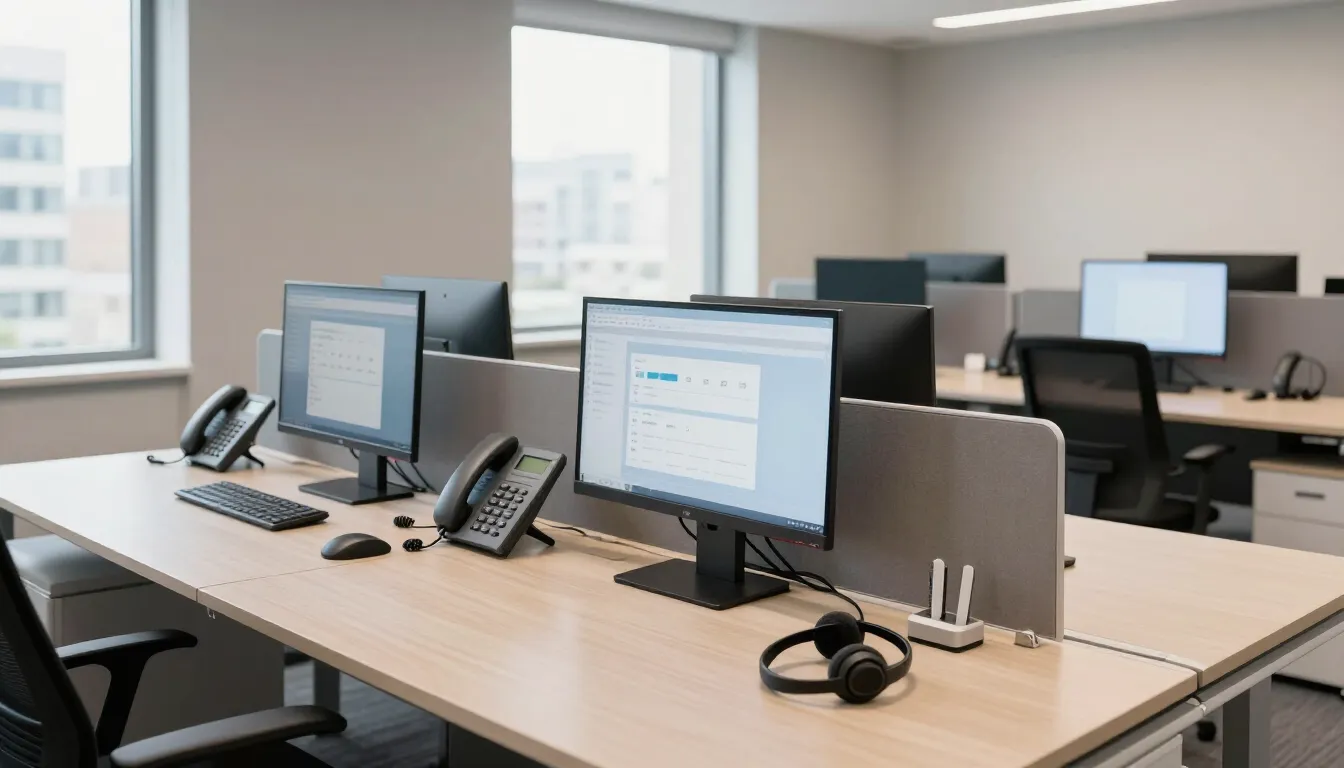 Office desks with VoIP desk phones, monitors and a headset